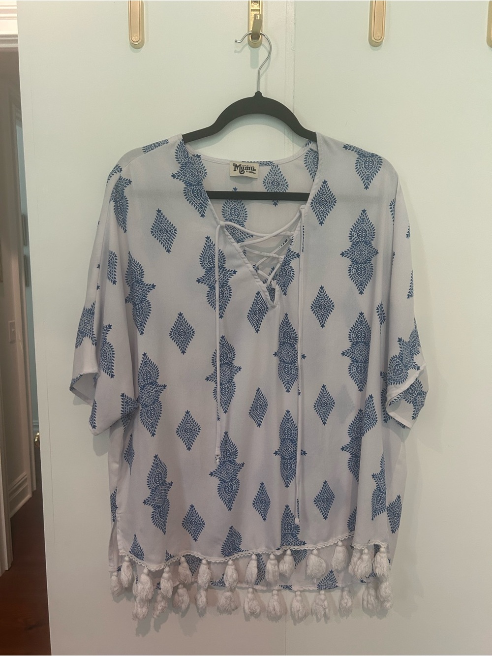 Show Me Your MuMu White Tunic Top with Blue Print & Tassels